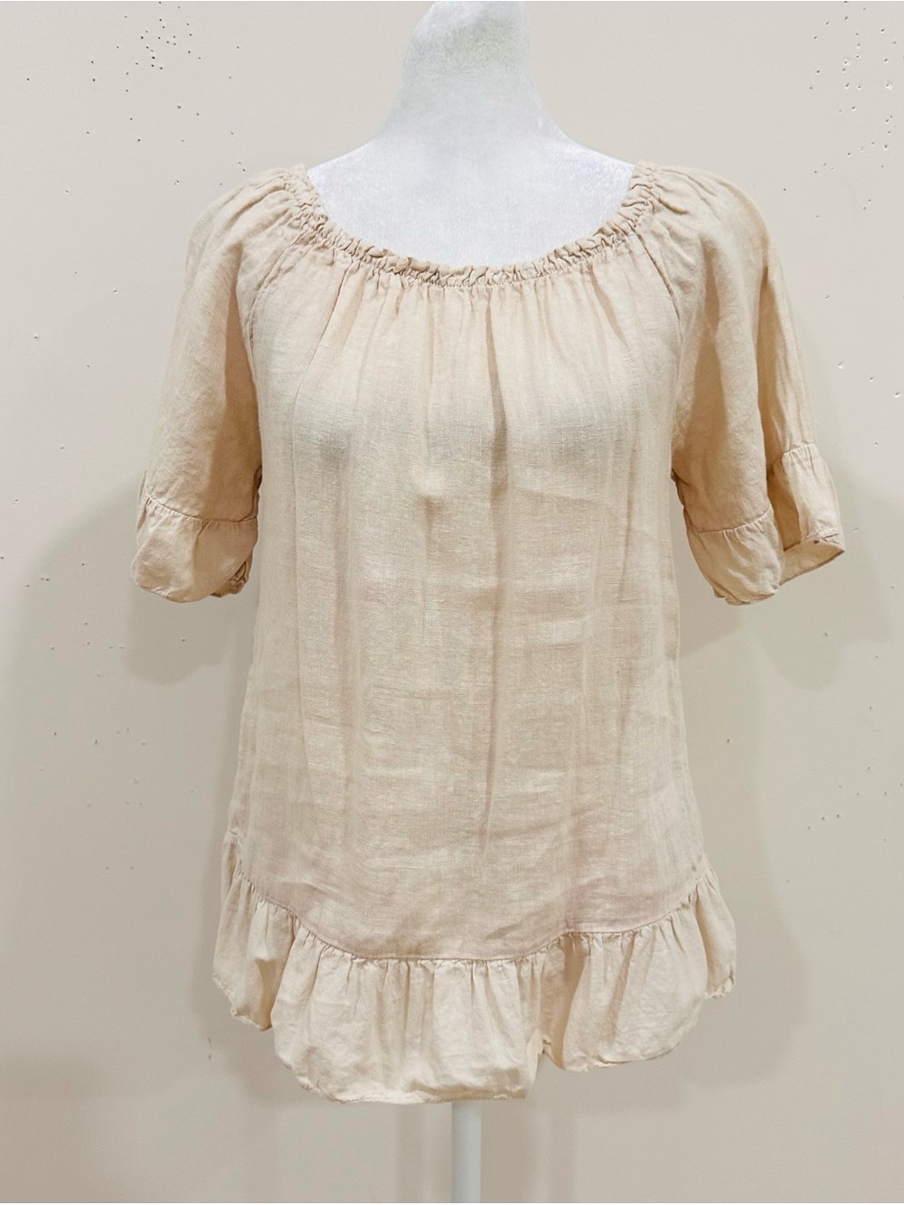 Terzo Millennio Italy Linen Blouse Peasant Style Ruffle Trim Peplum Top Beige S